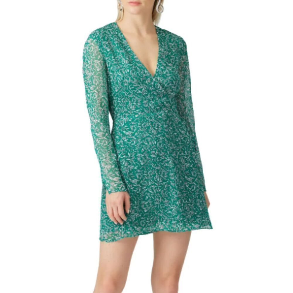 The East Order Gizele Mini Wrap Dress Green Floral Printed Crepe‎ Size XS
